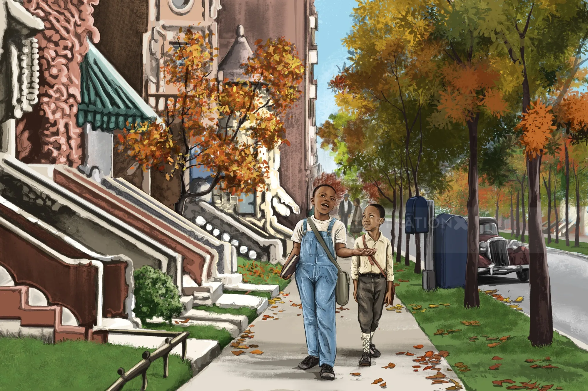 Children walking on city sidewalk with trees in autumn by Esther Stimphat