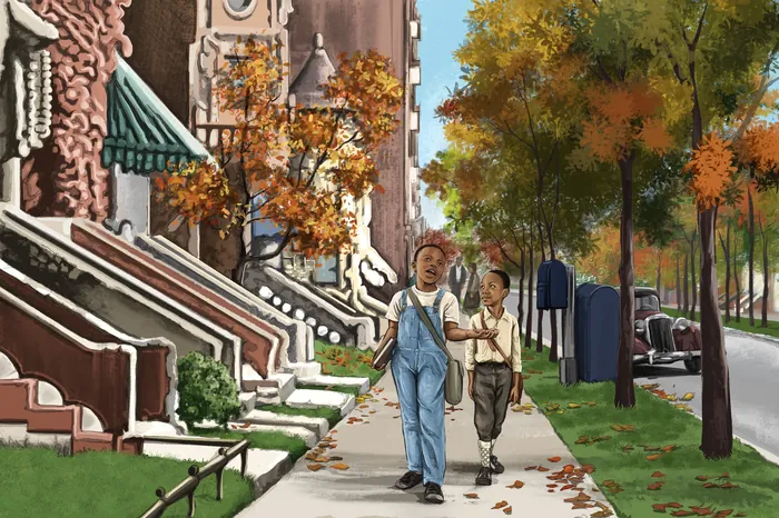 Children walking on city sidewalk with trees in autumn by Esther Stimphat