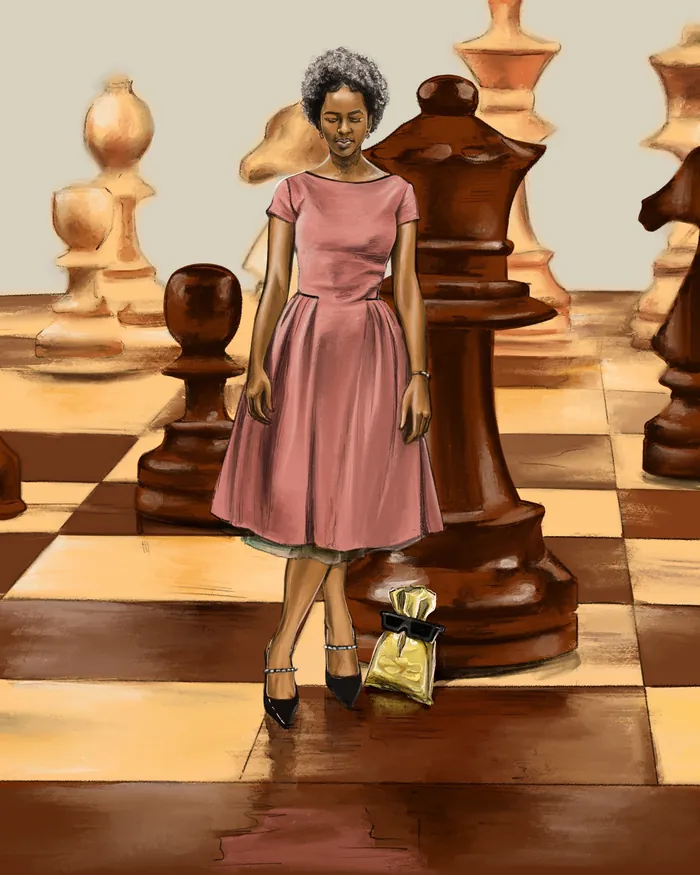 Woman in pink dress standing on chessboard with large chess pieces by Esther Stimphat