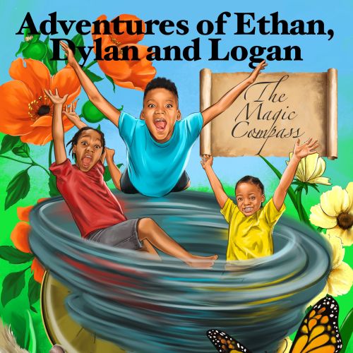 Book cover with three boys in a whirlwind and compass, illustrated by Esther Stimphat