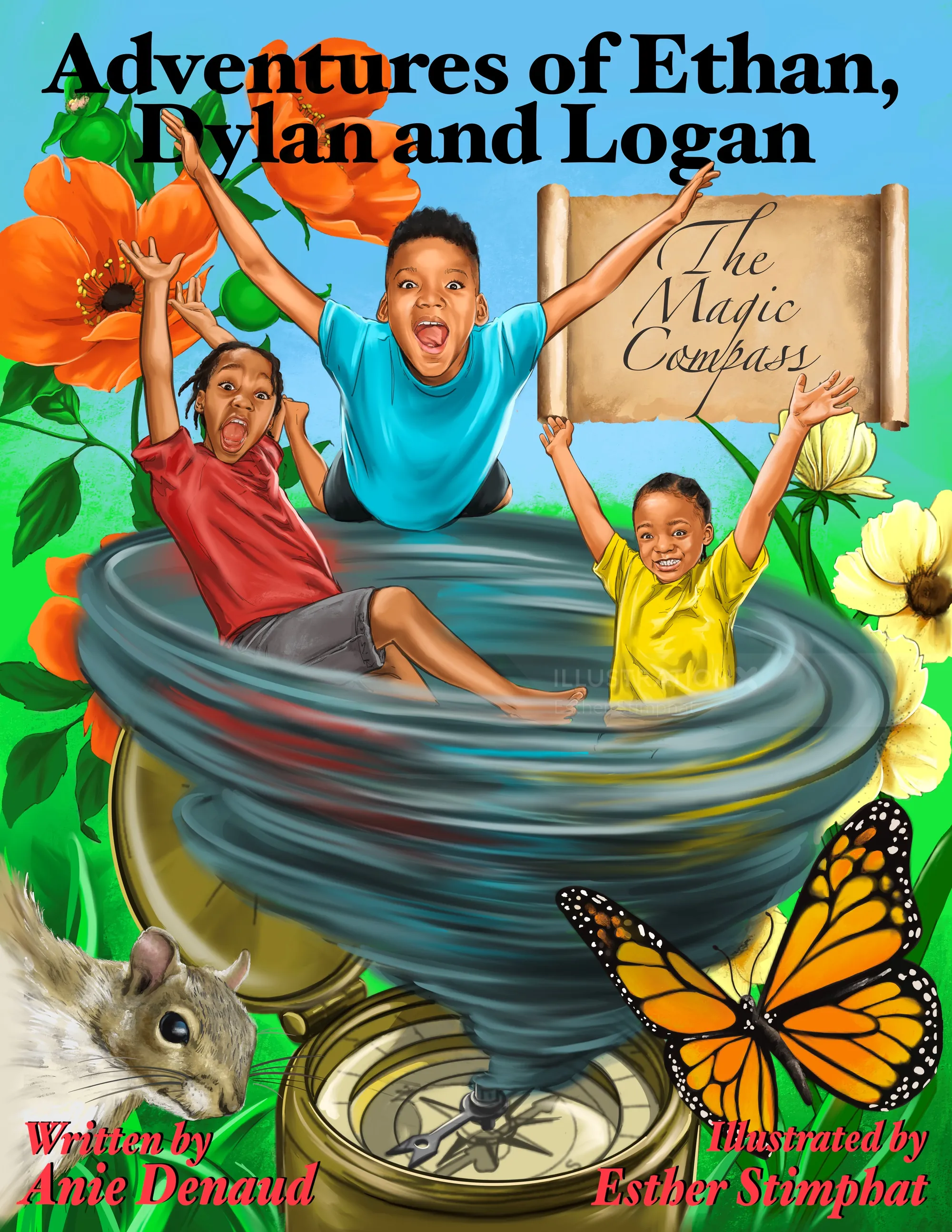 Book cover with three boys in a whirlwind and compass, illustrated by Esther Stimphat