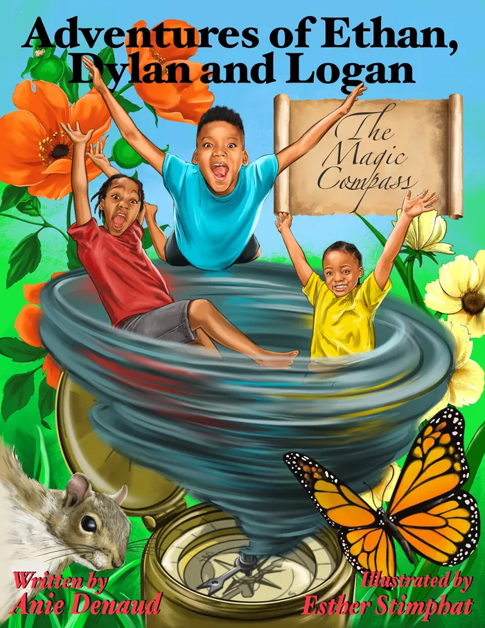 Book cover with three boys in a whirlwind and compass, illustrated by Esther Stimphat