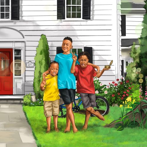 Children playing outside white house with red door and black shutters by Esther Stimphat