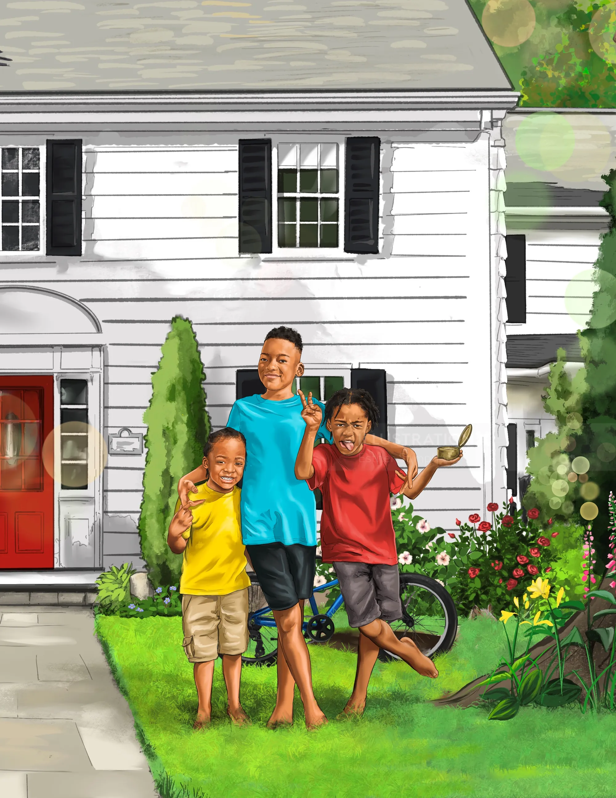 Children playing outside white house with red door and black shutters by Esther Stimphat