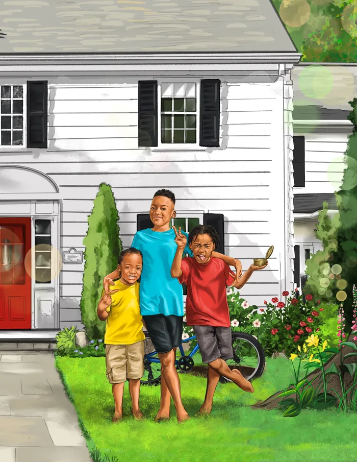 Children playing outside white house with red door and black shutters by Esther Stimphat