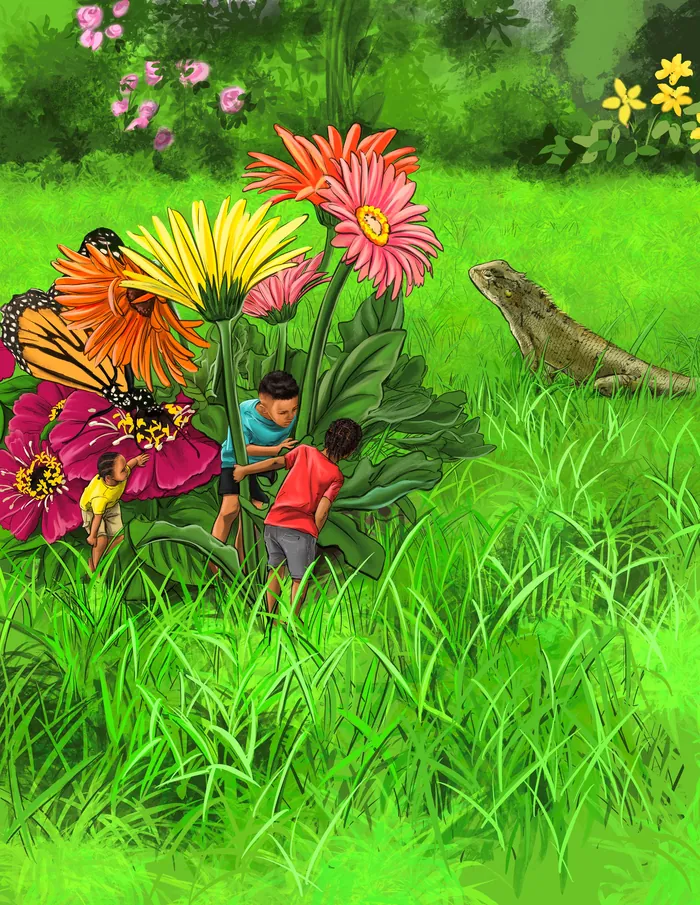 Children near large flowers and a lizard in the grass by Esther Stimphat
