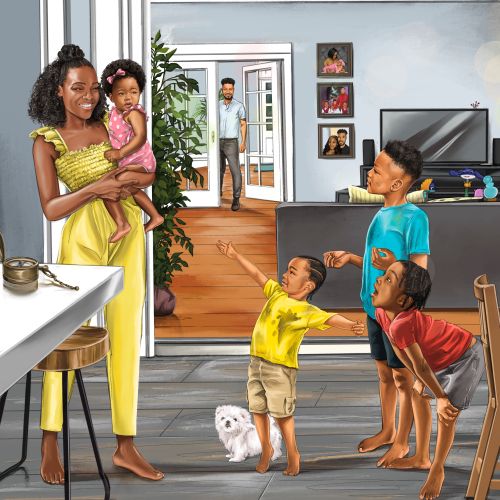 Children and woman welcoming man home with dog by Esther Stimphat