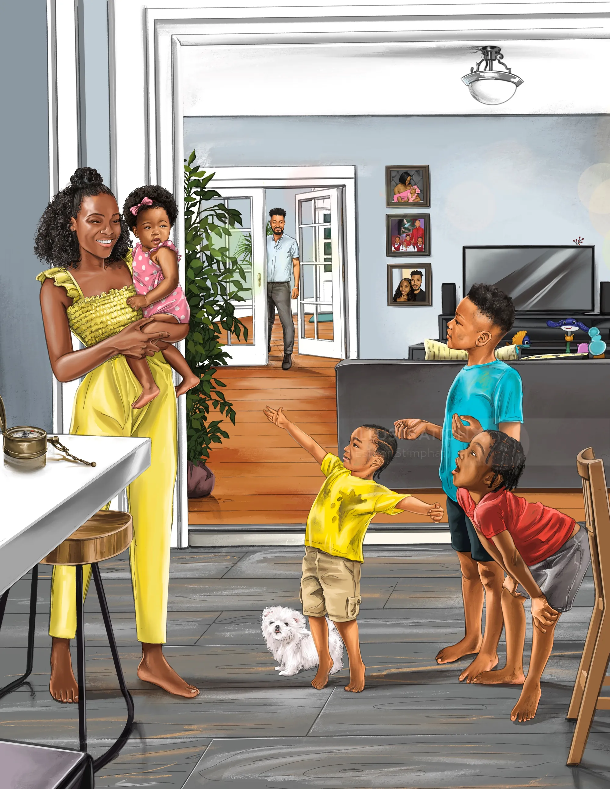 Children and woman welcoming man home with dog by Esther Stimphat