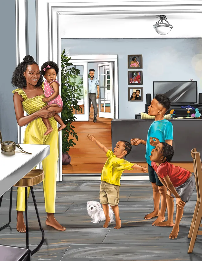 Children and woman welcoming man home with dog by Esther Stimphat