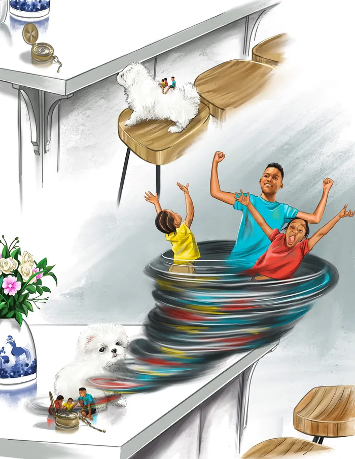 Children spinning joyfully near a small white dog by Esther Stimphat