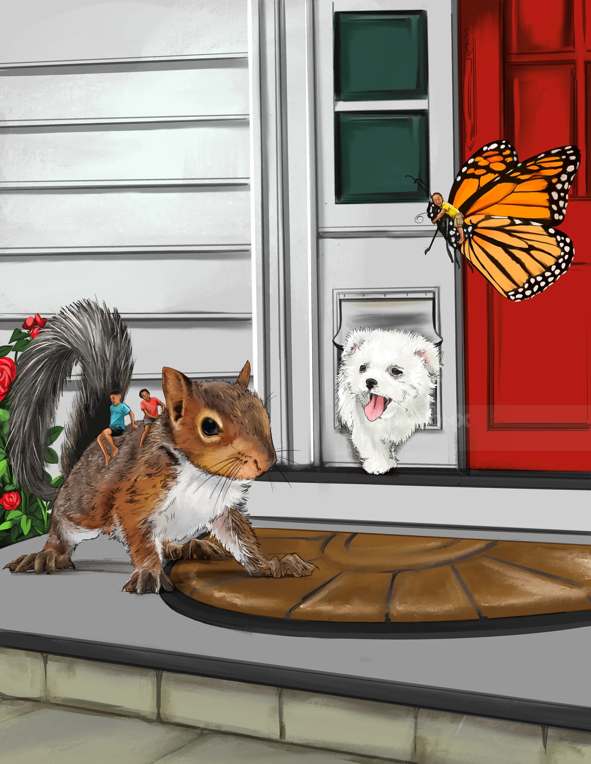 Squirrel near dog door with dog and monarch butterfly by Esther Stimphat