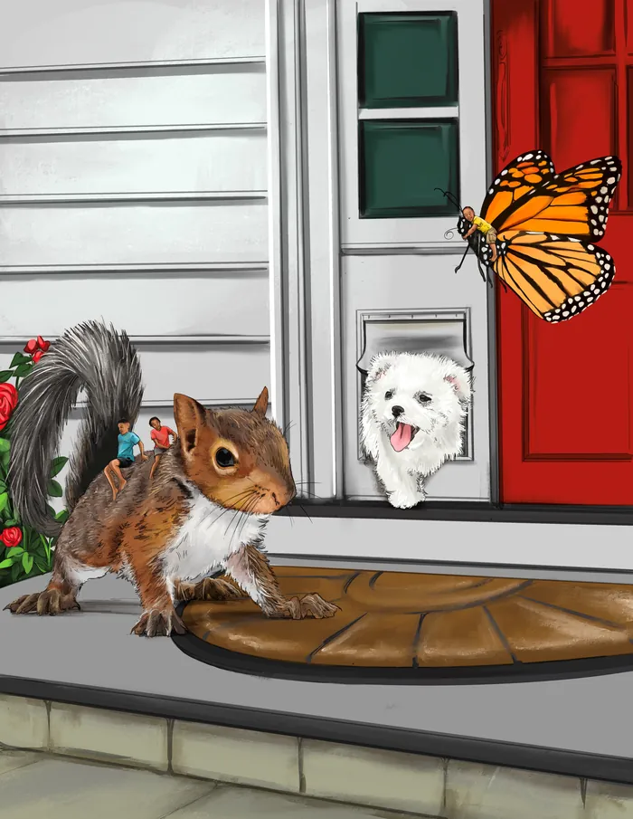 Squirrel near dog door with dog and monarch butterfly by Esther Stimphat