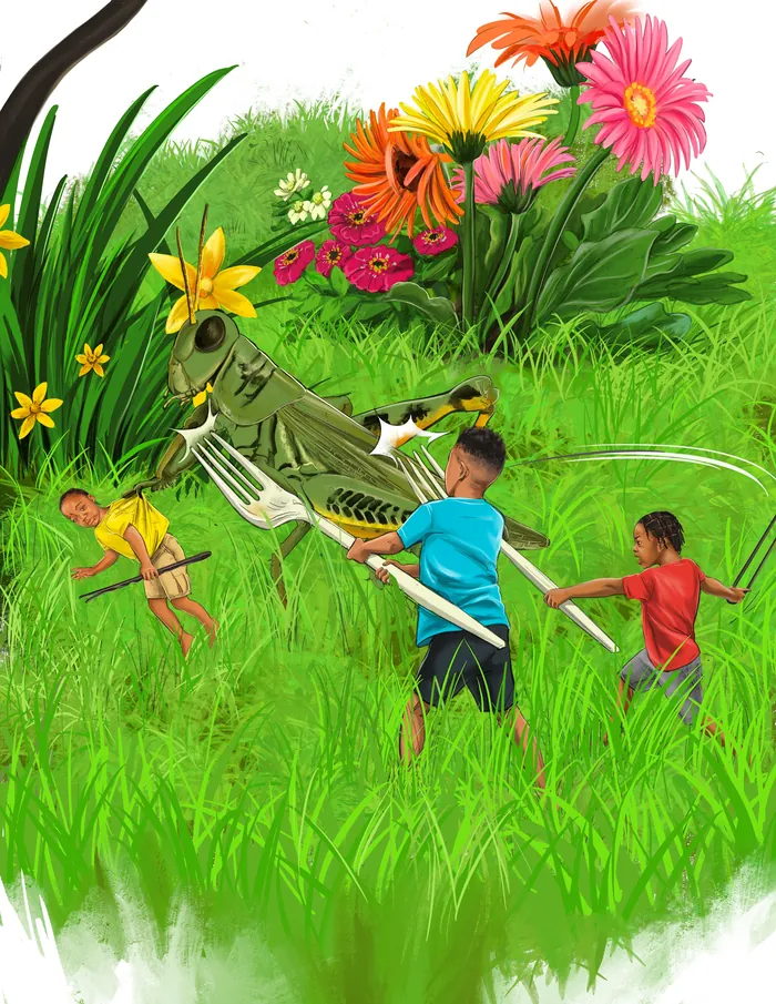 Children chasing a large grasshopper in tall grass with flowers by Esther Stimphat