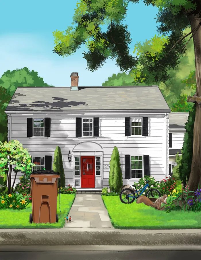 White two-story house with red door and garden, illustrated by Esther Stimphat
