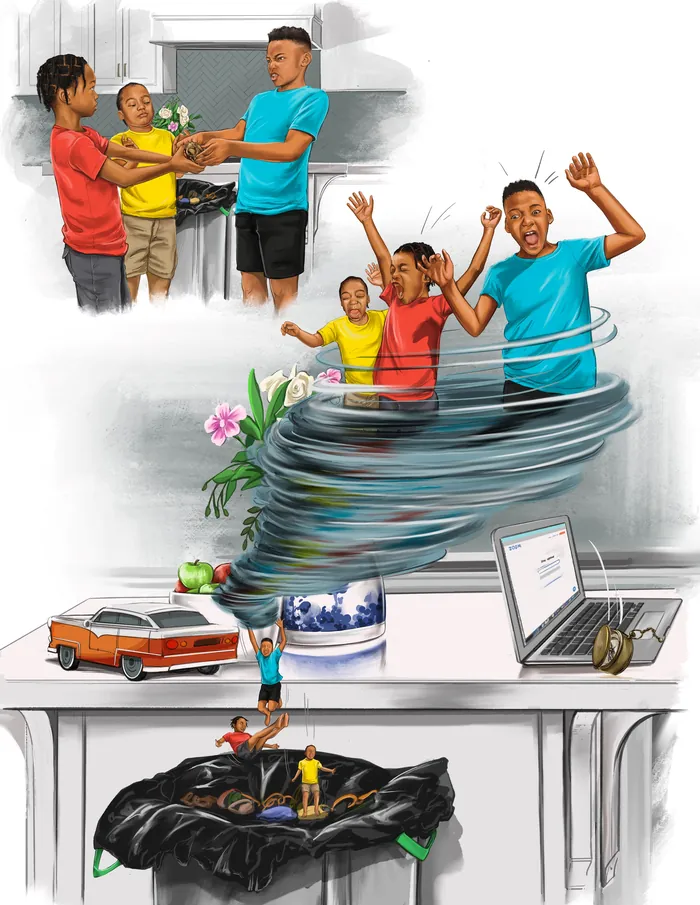 Children playing with a swirling indoor tornado near a desk Esther Stimphat