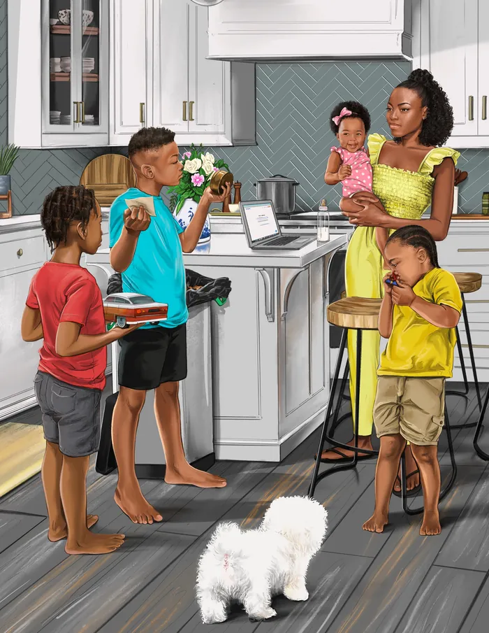 Family in modern kitchen with children, mother, and small white dog by Esther Stimphat