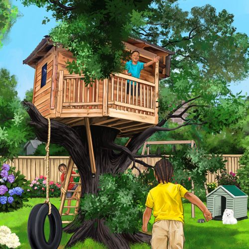 Children playing around treehouse with tire swing in backyard, painted by Esther Stimphat