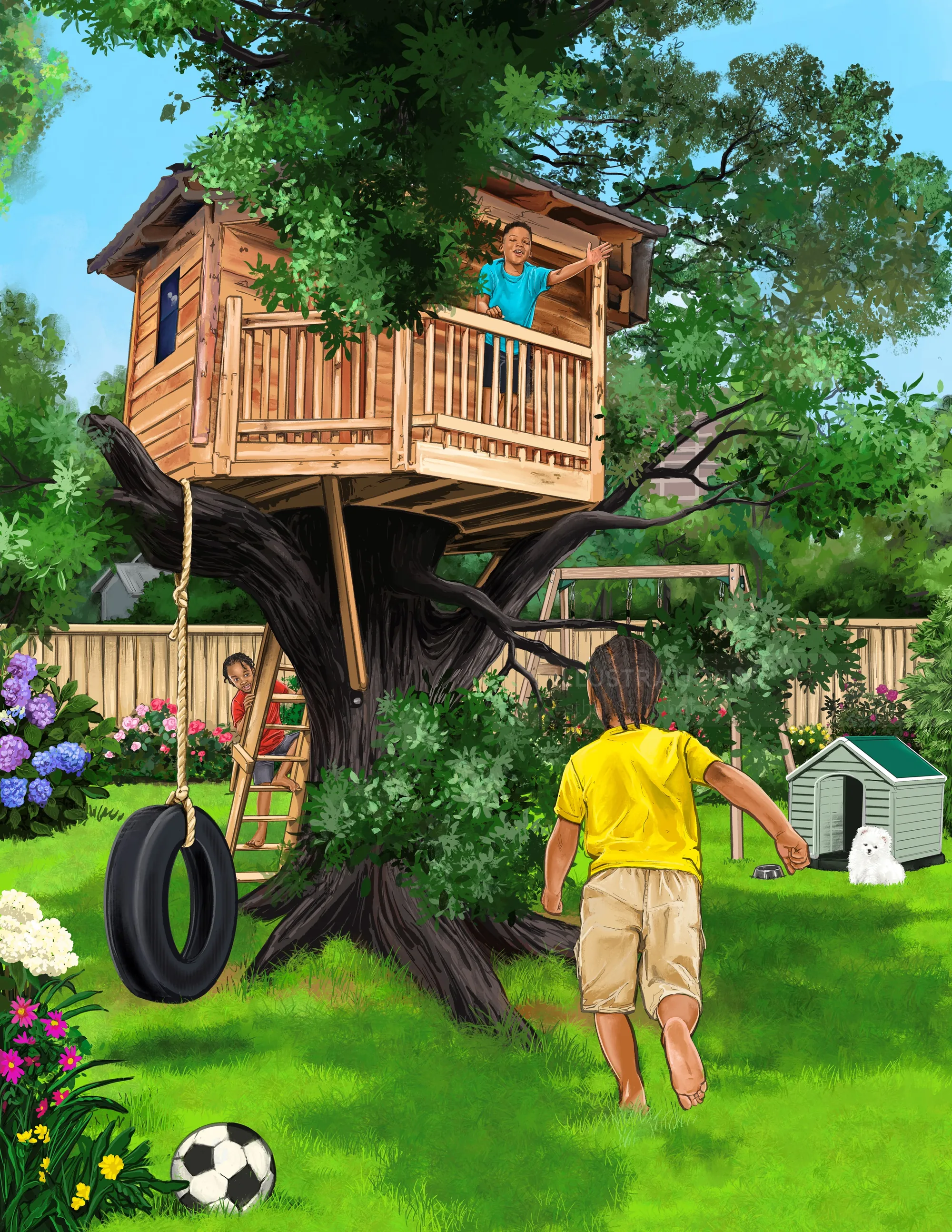 Children playing around treehouse with tire swing in backyard, painted by Esther Stimphat