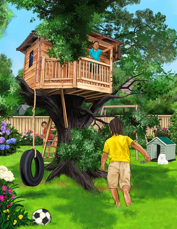 Children playing around treehouse with tire swing in backyard, painted by Esther Stimphat