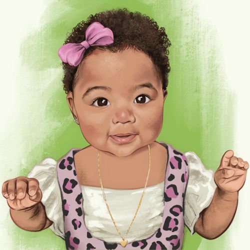 Smiling baby girl with pink bow and patterned dress by Esther Stimphat