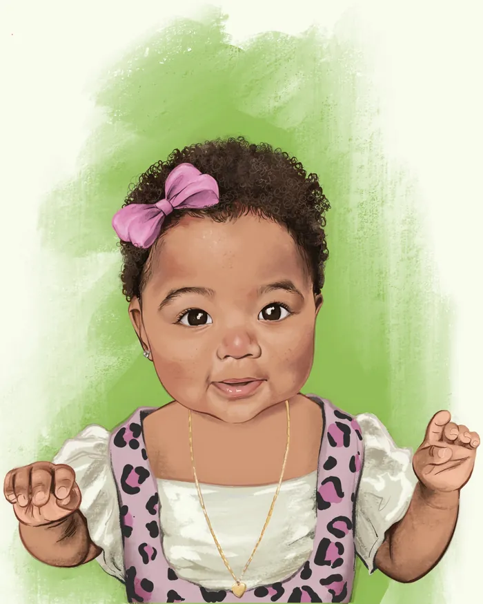 Smiling baby girl with pink bow and patterned dress by Esther Stimphat