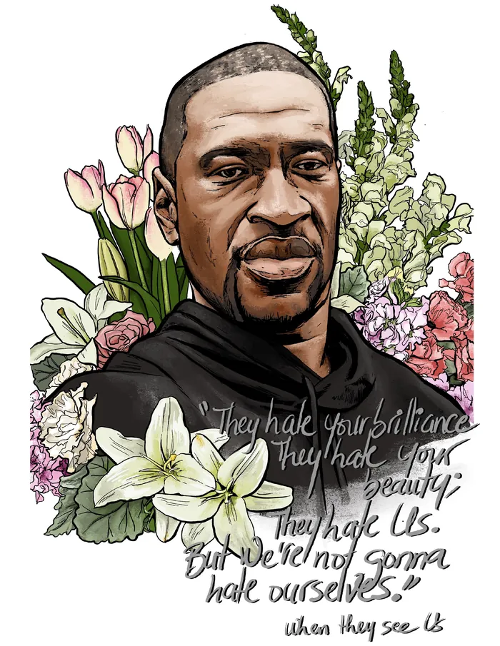 Portrait of George Floyd with flowers and handwritten text by Esther Stimphat