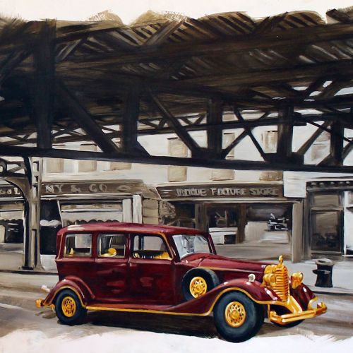 Vintage car parked at an old train station by Esther Stimphat