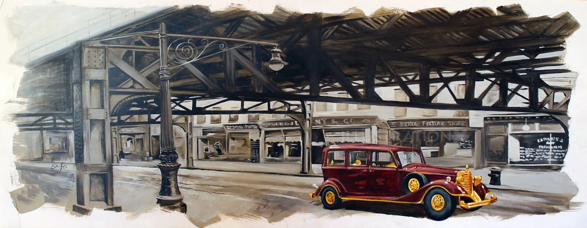 Vintage car parked at an old train station by Esther Stimphat