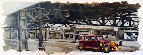 Vintage car parked at an old train station by Esther Stimphat
