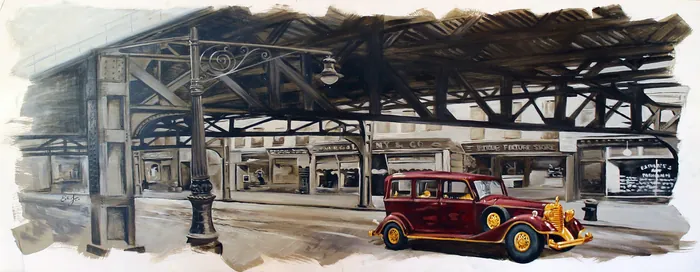 Vintage car parked at an old train station by Esther Stimphat