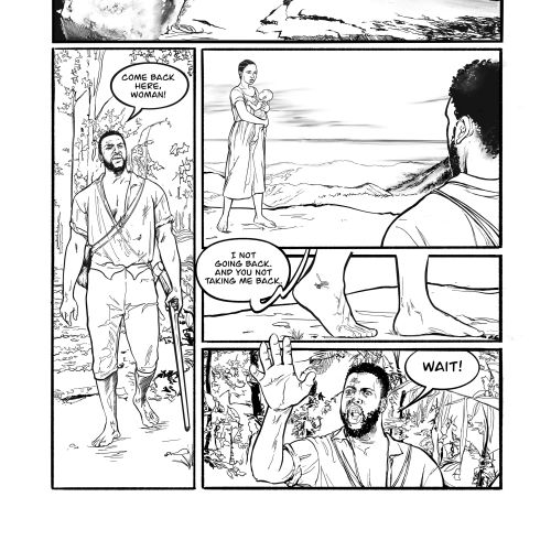 Black and white comic page of a man approaching a woman by the ocean, by Esther Stimphat