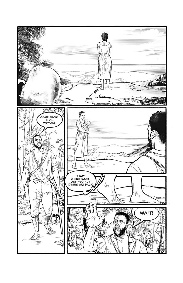 Black and white comic page of a man approaching a woman by the ocean, by Esther Stimphat