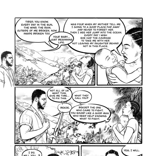 Black and white comic strip showing conversation between two people by artist Esther Stimphat
