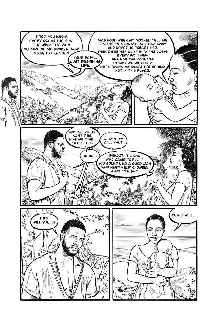 Black and white comic strip showing conversation between two people by artist Esther Stimphat