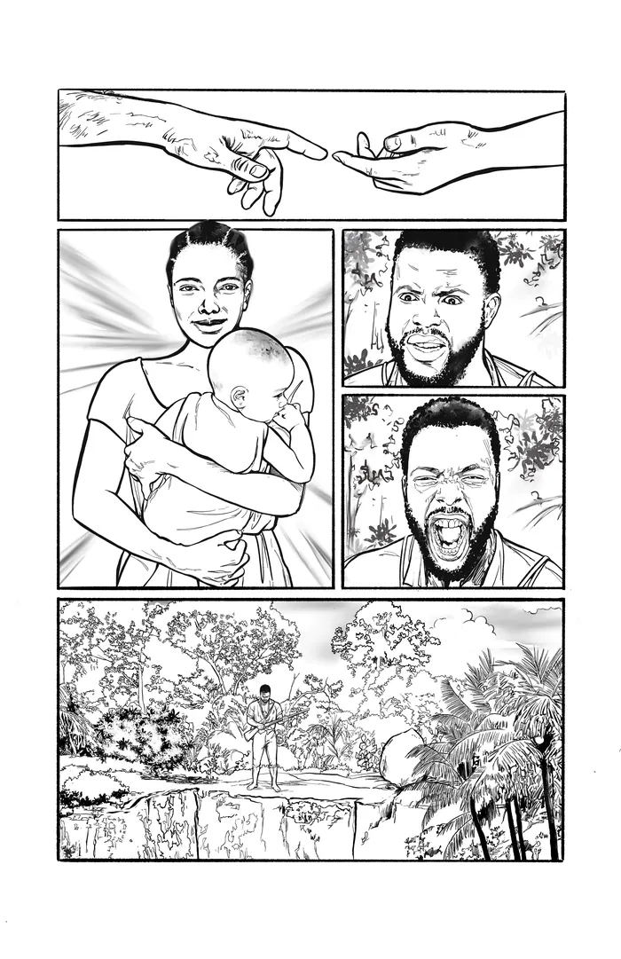 Comic panels showing hands, mother with baby, angry man, and garden by Esther Stimphat
