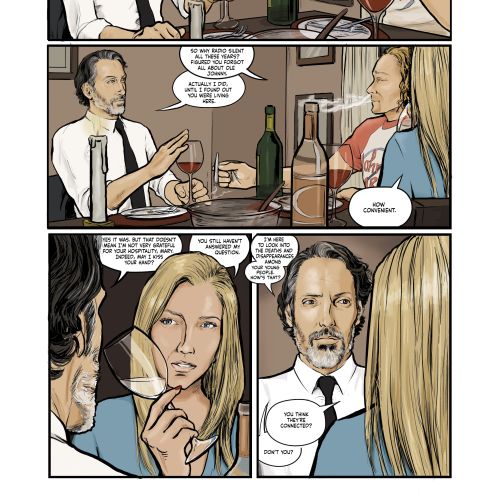Two people talking and drinking wine in a comic strip by Esther Stimphat