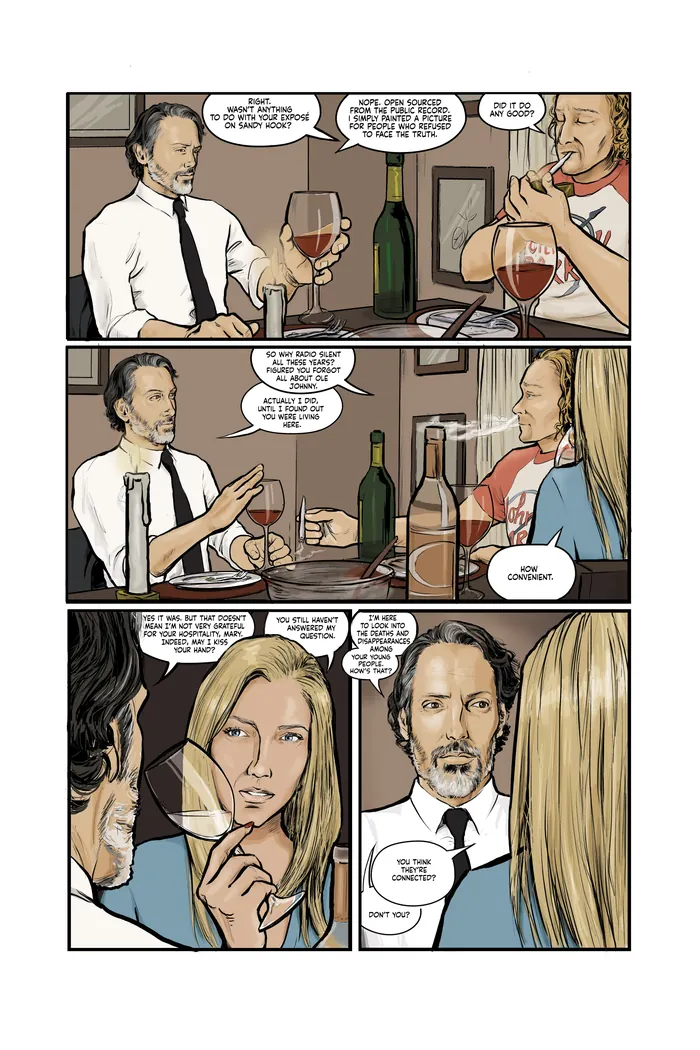 Two people talking and drinking wine in a comic strip by Esther Stimphat