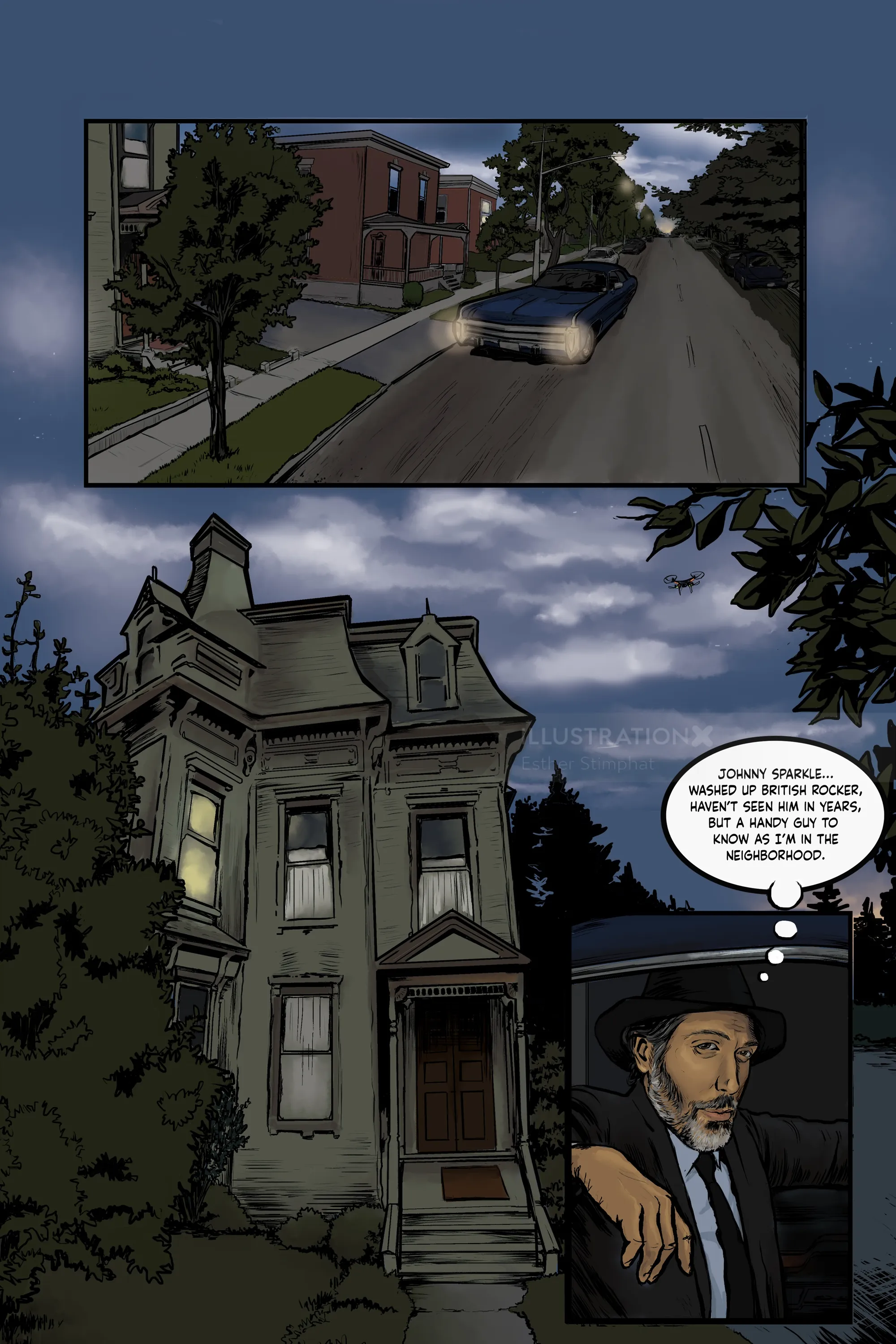 Night scene of Victorian house with car and man by Esther Stimphat