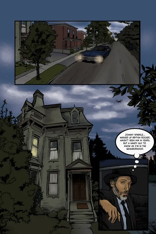 Night scene of Victorian house with car and man by Esther Stimphat