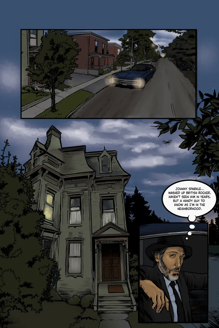 Night scene of Victorian house with car and man by Esther Stimphat