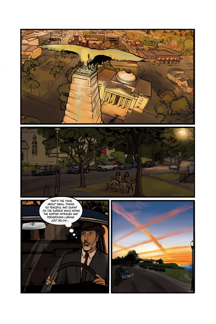 Comic panels of urban eagle, city street, man in hat, and sunset sky by Esther Stimphat