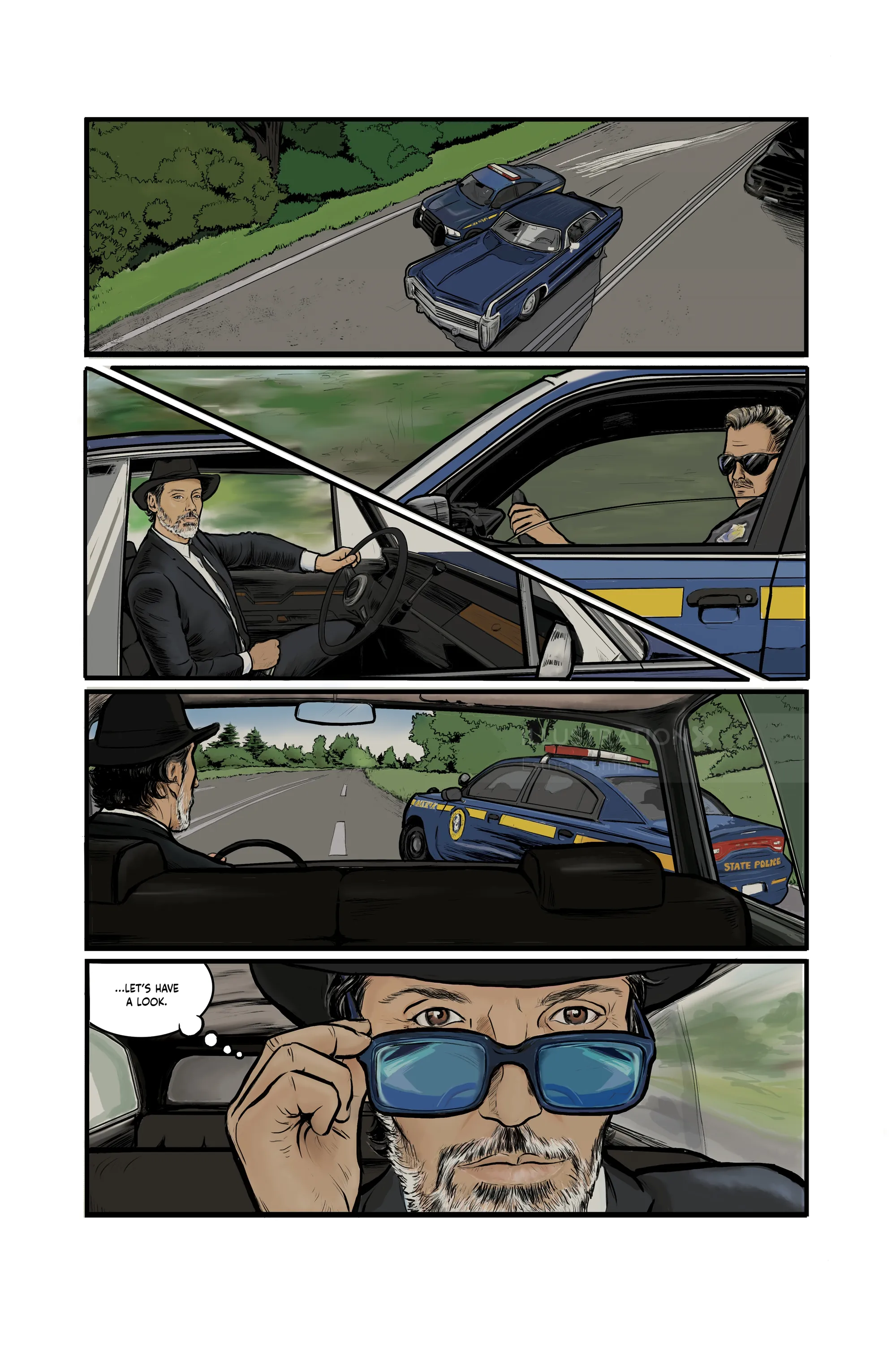 Comic panels showing two men driving vintage cars, one removing sunglasses, by Esther Stimphat