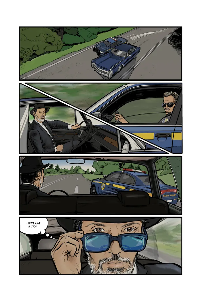 Comic panels showing two men driving vintage cars, one removing sunglasses, by Esther Stimphat