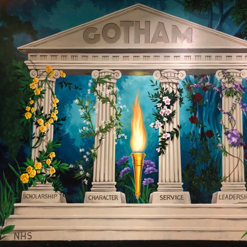 Mural of Gotham pillars symbolizing scholarship, character, service, and leadership by Esther Stimph