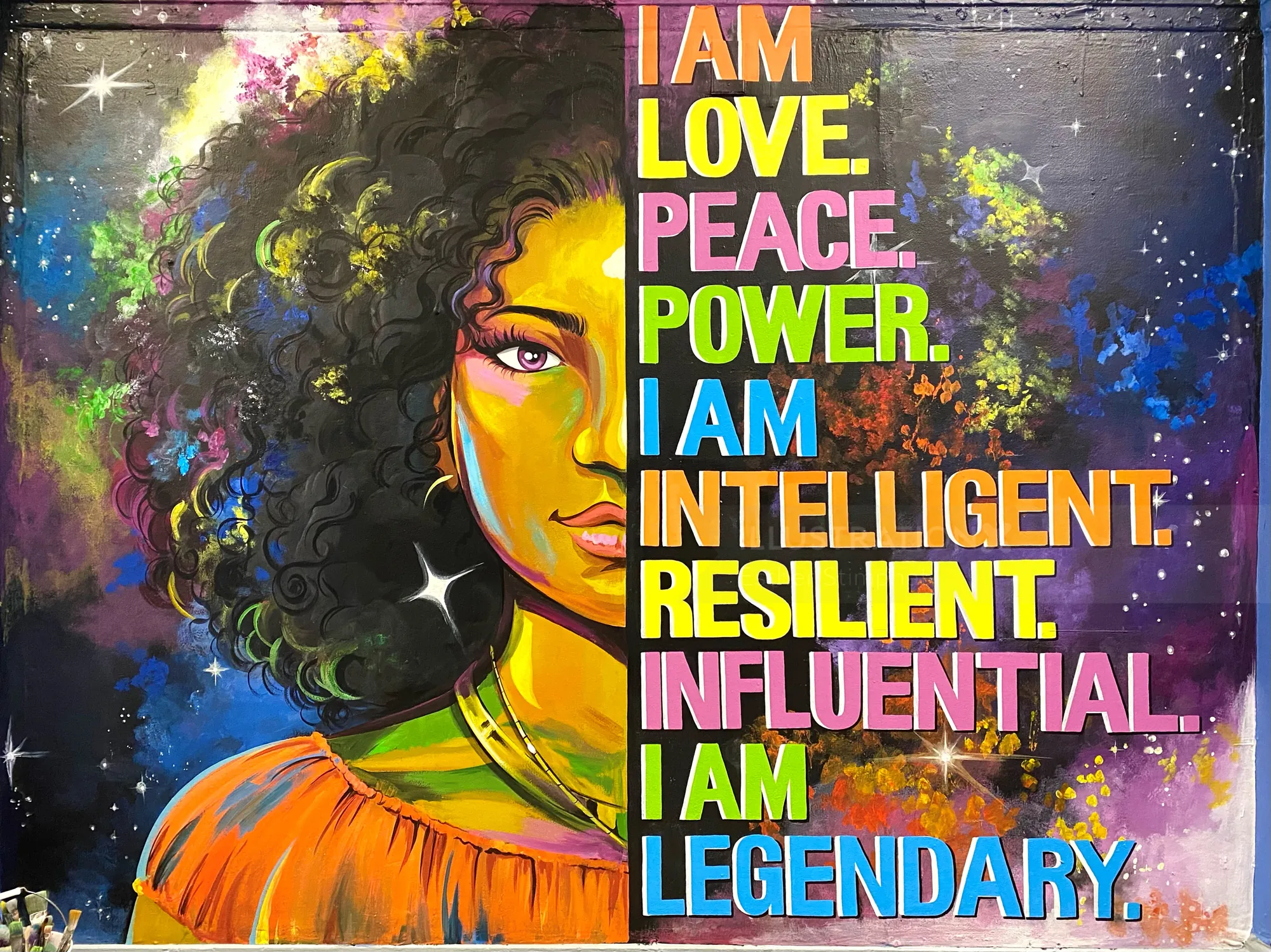 Portrait of a woman with affirmations about love, peace, power, intelligent by Esther Stimphat