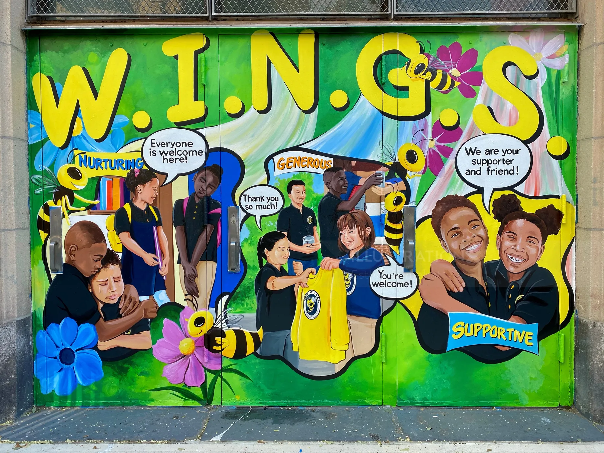 WINGS mural showing diverse people with supportive messages by Esther Stimphat