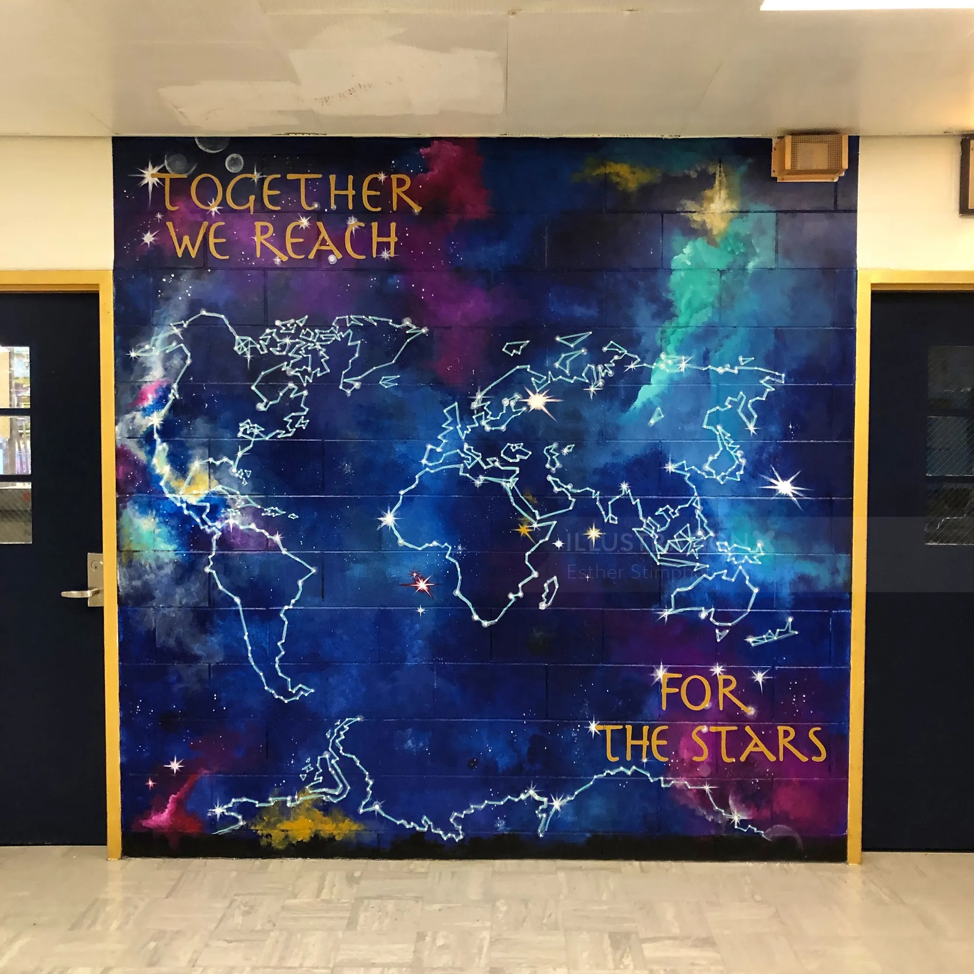 World map mural with stars and Motivational quote by Esther Stimphat