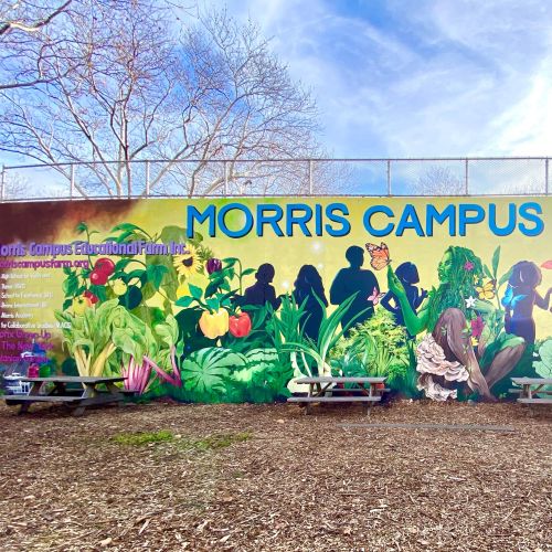Morris Campus Farm mural with people and plants by Esther Stimphat