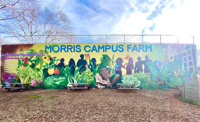 Morris Campus Farm mural with people and plants by Esther Stimphat