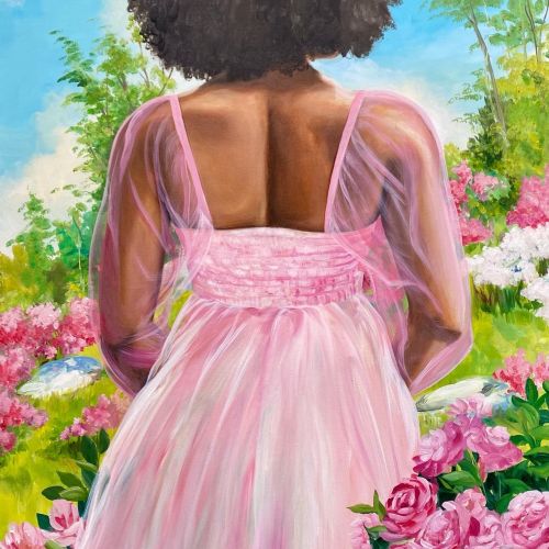 Painting of woman in pink dress with curly hair in garden by Esther Stimphat